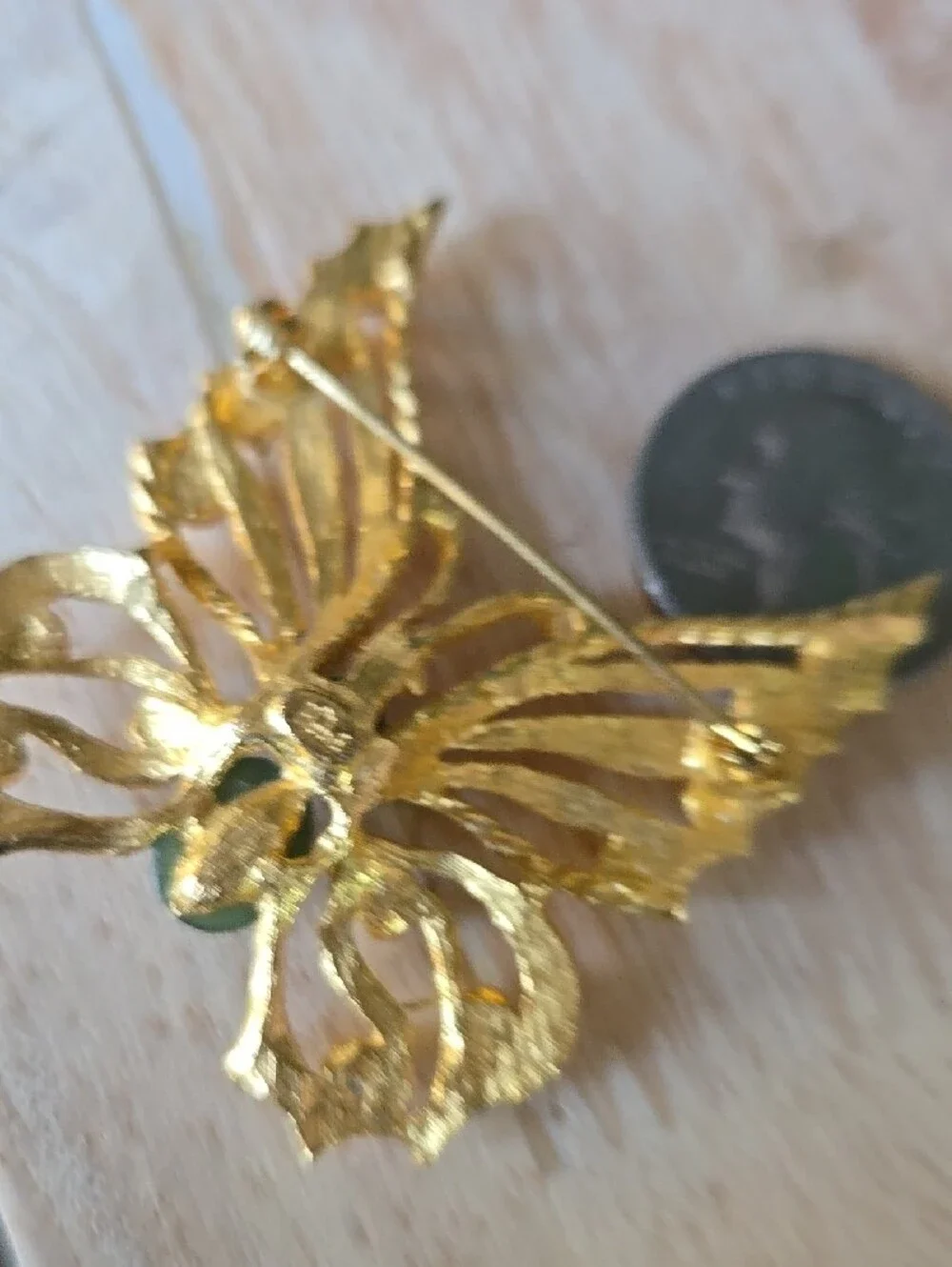Gold-Tone Butterfly Brooch with Green Jade Accents